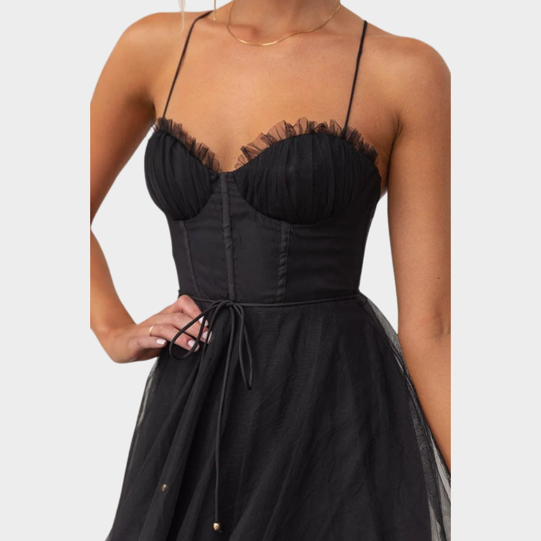 Women’s Long Backless Chiffon Dress – Spaghetti Strap Party Gown with Low Cut Lace-Up Back – Lightweight Mesh Fit – Multiple Colours