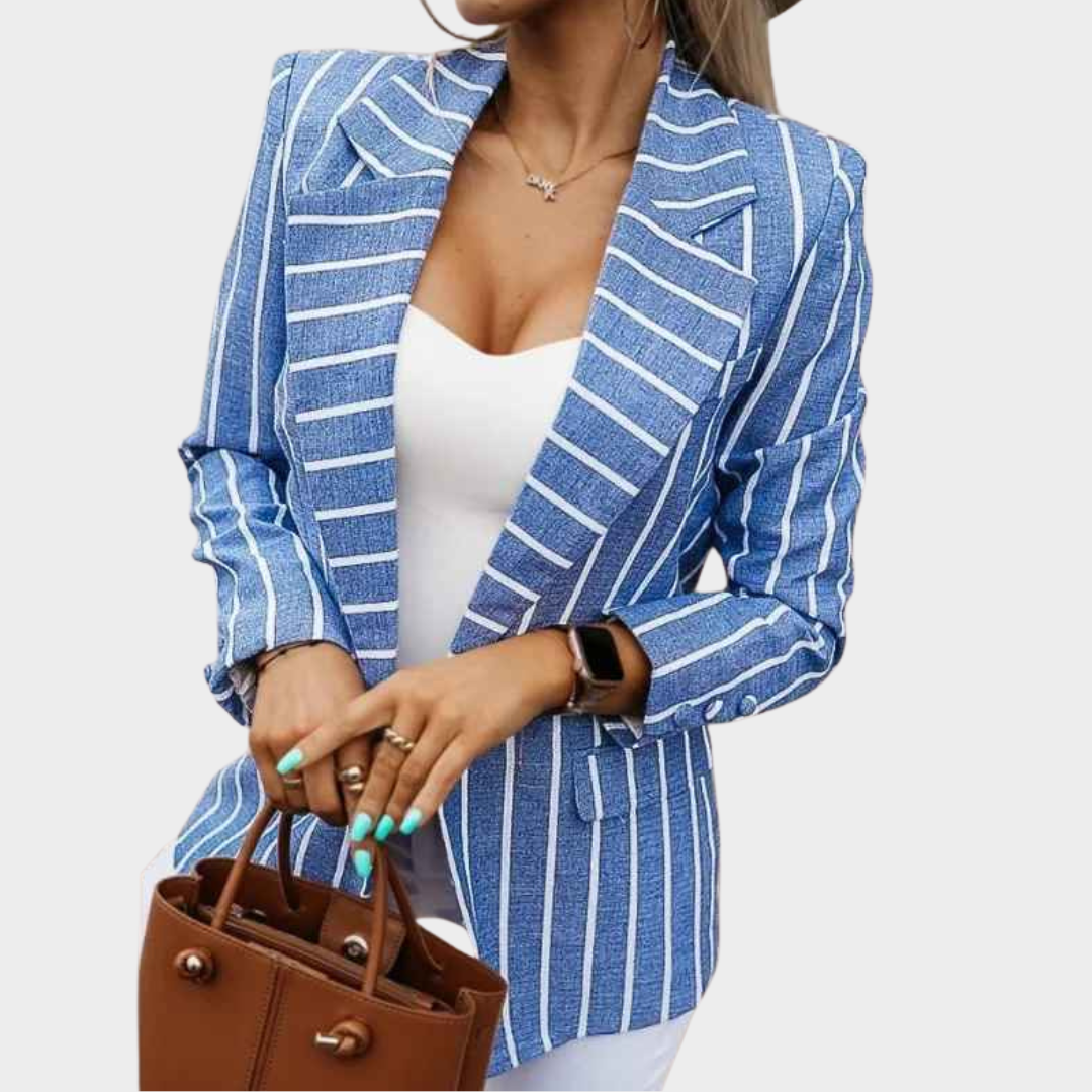 Women’s Striped Print Suit Jacket – Long Sleeve Western-Style Blazer – Elegant Slim Fit Polyester Outerwear – Blue