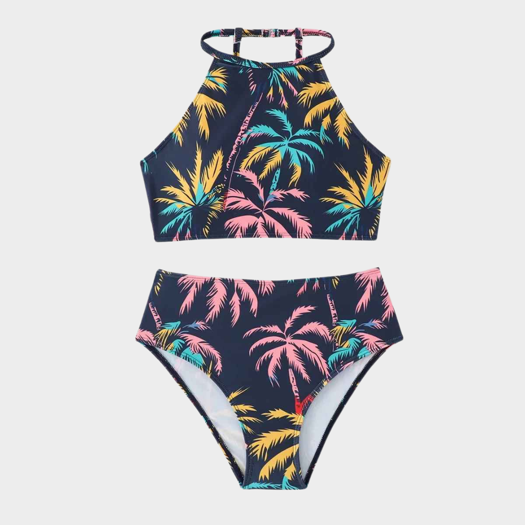 Women Retro Leaf Bikini Set – High Neck 2 Piece – Push-Up Support – Quick Dry Stretch Fabric – Blue
