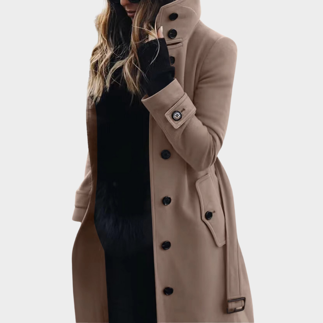 Women's Long Wool Coat – Stand Collar Belted Trench Coat – Button Front with Pockets – Multiple Colours