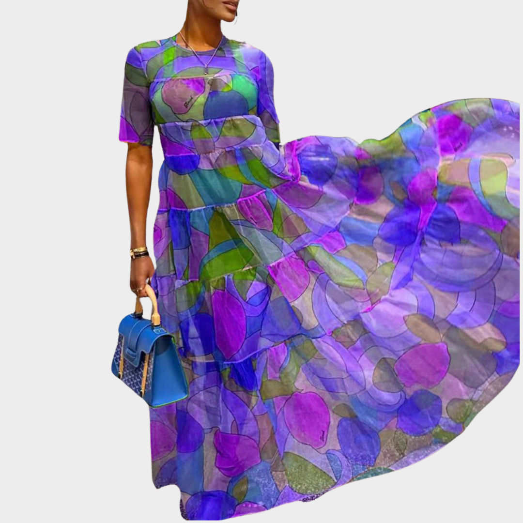 Women's Maxi Dress – Bohemian Chiffon Party Dress – High Waist Elegant Fit – Short Sleeve O-Neck – Purple