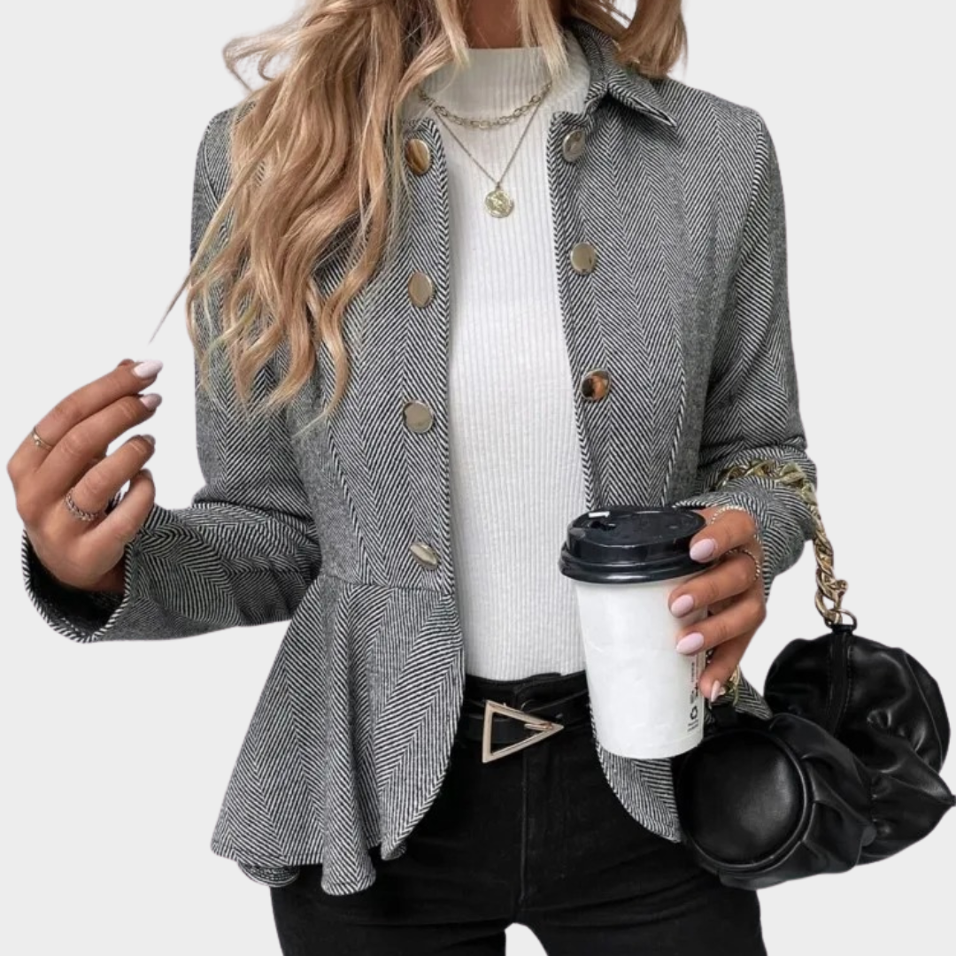 Women's Double Breasted Coat – Slim Fit Jacquard Lapel Jacket with Ruffled Long Sleeves – Multiple Colours