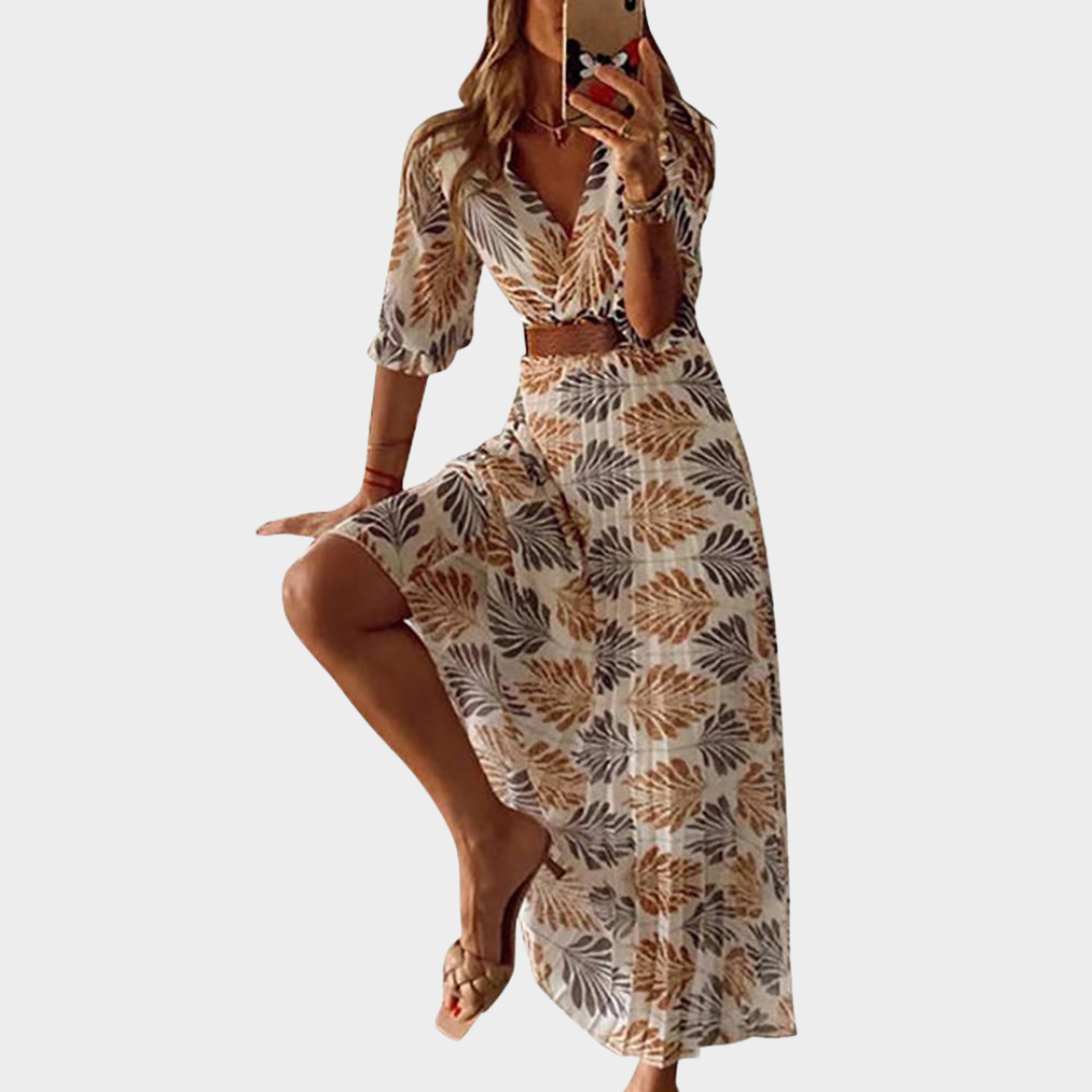 Women's Bohemian Maxi Dress – Vintage Print – V-Neck – Short Sleeve – High Waist – Casual Long Dress – Beige