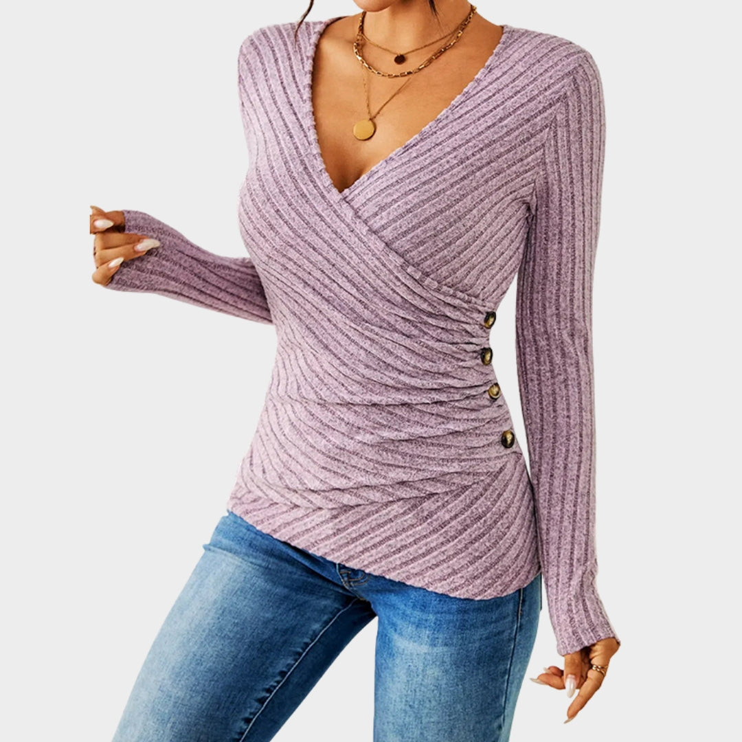 Women's Knitted V-Neck Sweater - Button Detail - Slim Fit & Soft Pullover - Warm & Comfortable - Multiple Colours
