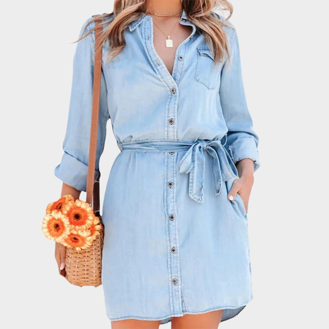 Women’s Long Sleeve Denim Shirt Dress – Button-Down Lapel Design with Belted Waist – Solid Colour Cotton Blend – Multiple Colours