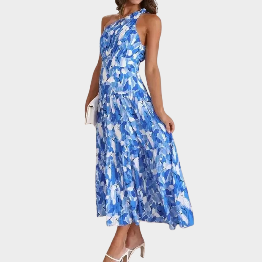 Open Back Women's Long Dress – A Line Elegant Fit Printed Detail – Lightweight Cross Back Vacation Gown – Blue