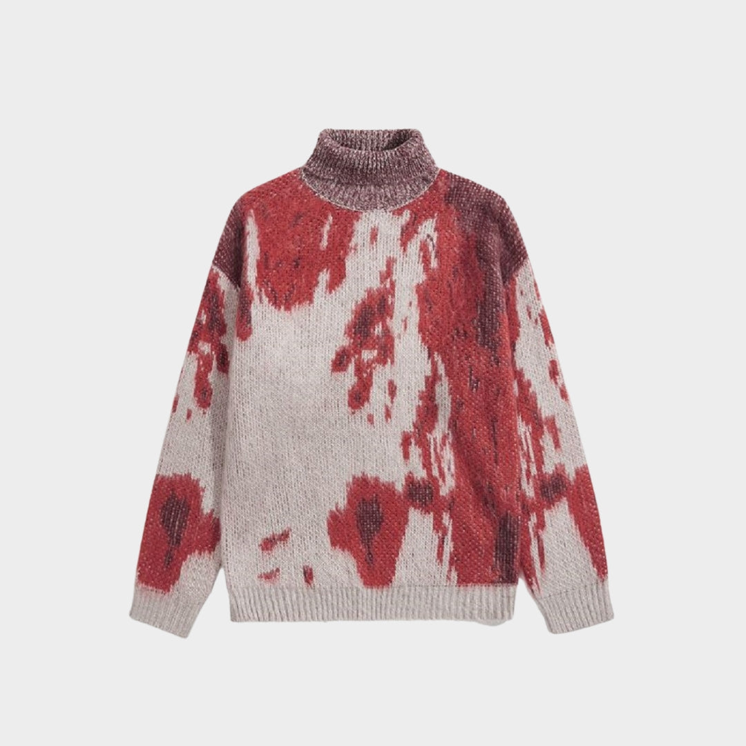 Women’s Oversized Tie-Dye Knitted Sweater - High Collar, Loose Fit, Streetwear, Red