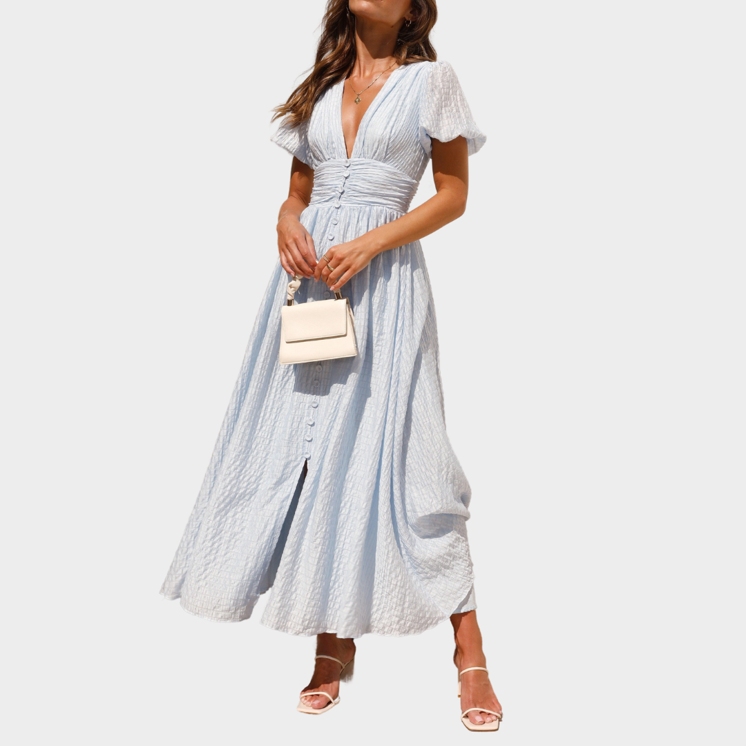 Women’s V Neck Puff Sleeve Button Dress – Elegant Fit with Solid Colour Style – Lightweight Party Wear – Multiple Colours