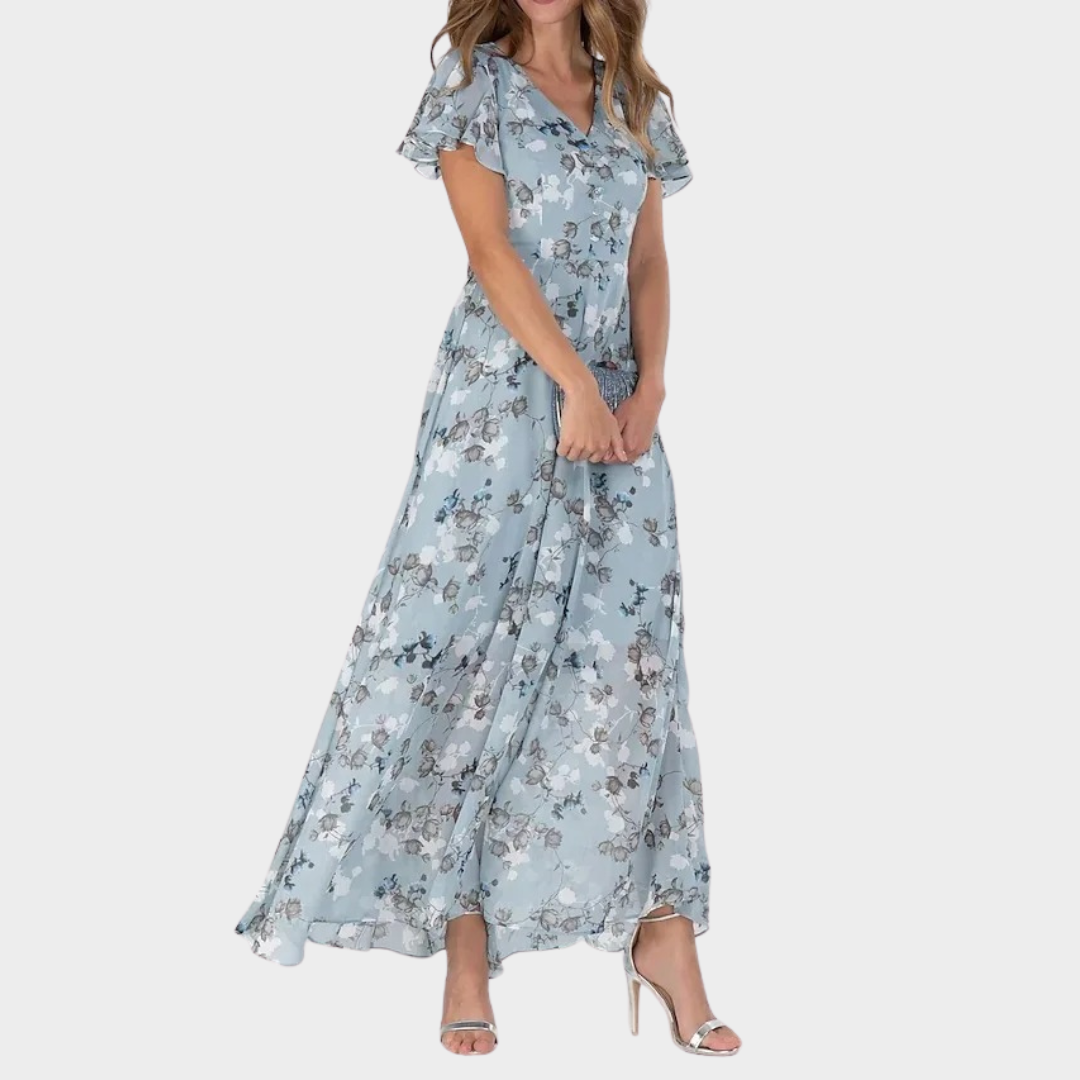 Women’s Elegant V-Neck Maxi Dress – Floral Print Chiffon Long Fit – Casual Beach Party Style – Multiple Colours