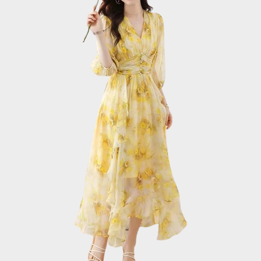 Women’s V-Neck Midi Dress – Floral Print Chiffon with Flowy Fit and Half Sleeves – Lightweight Elegant Boho Style – Yellow