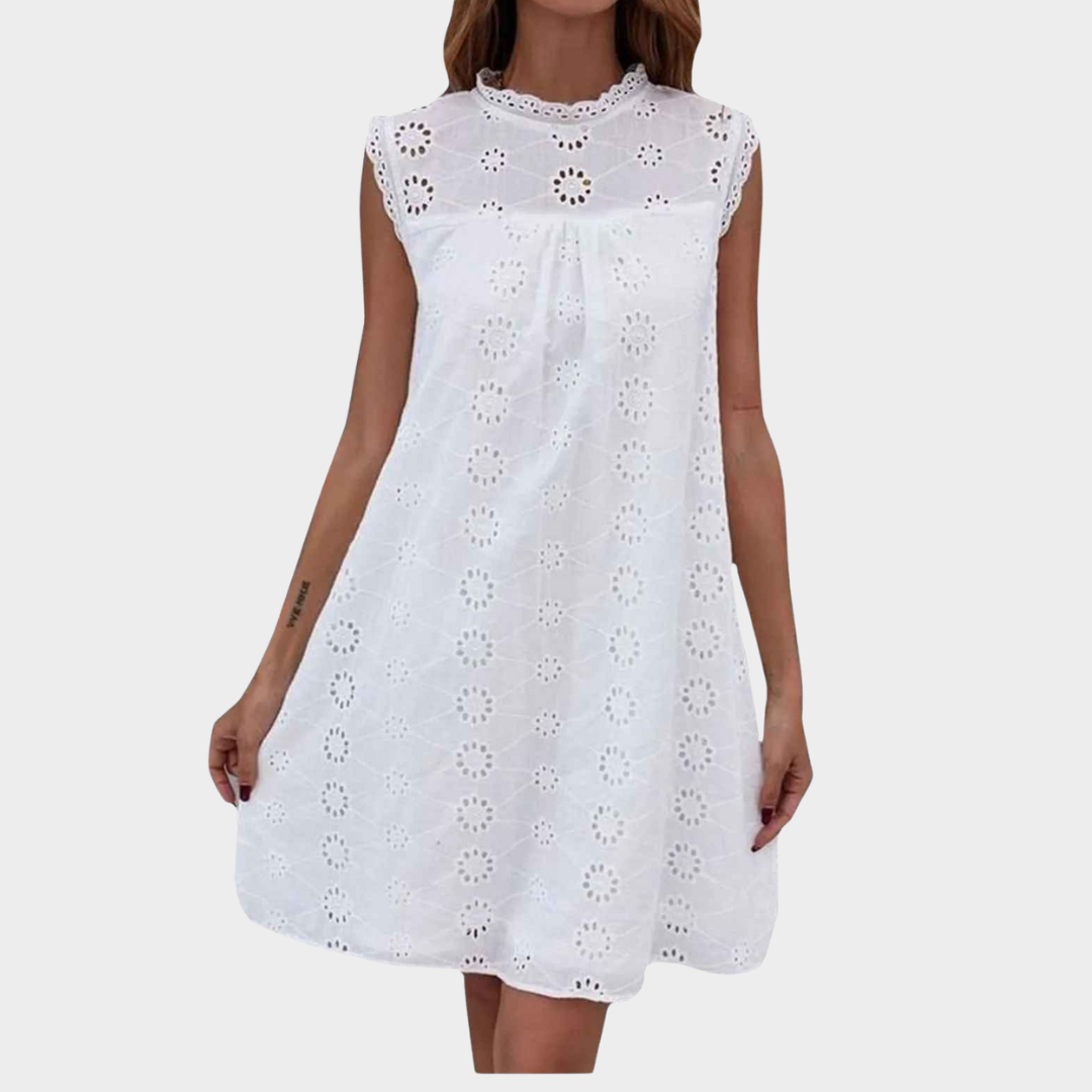 Women's Sleeveless Dress – Crochet Lace Hollow-Out Loose Fit with Solid Design – White