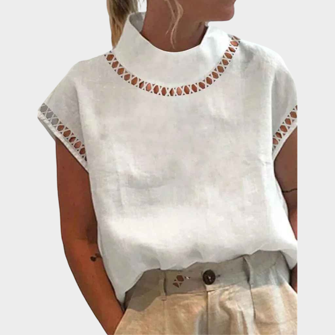 Women Short Sleeve Blouse – Turtleneck Pullover with Hollow Out Detail – Multiple Colours