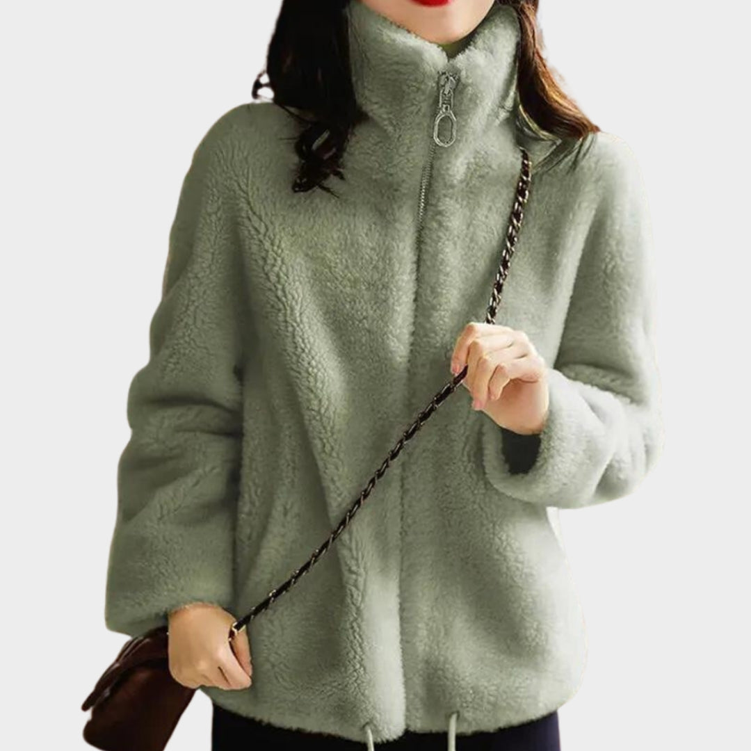 Women’s Plush Fleece Cardigan – Winter High Collar Zipper Sweater in Green, Brown, White