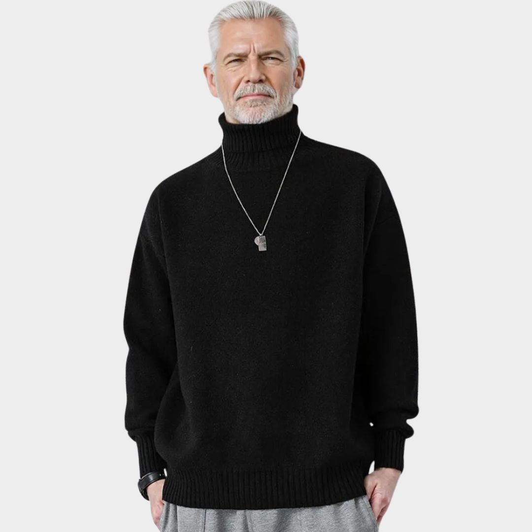 Men's High Collar Turtleneck Knitted Sweater - Warm Fleeced Cashmere Pullover in Solid Multiple Colours