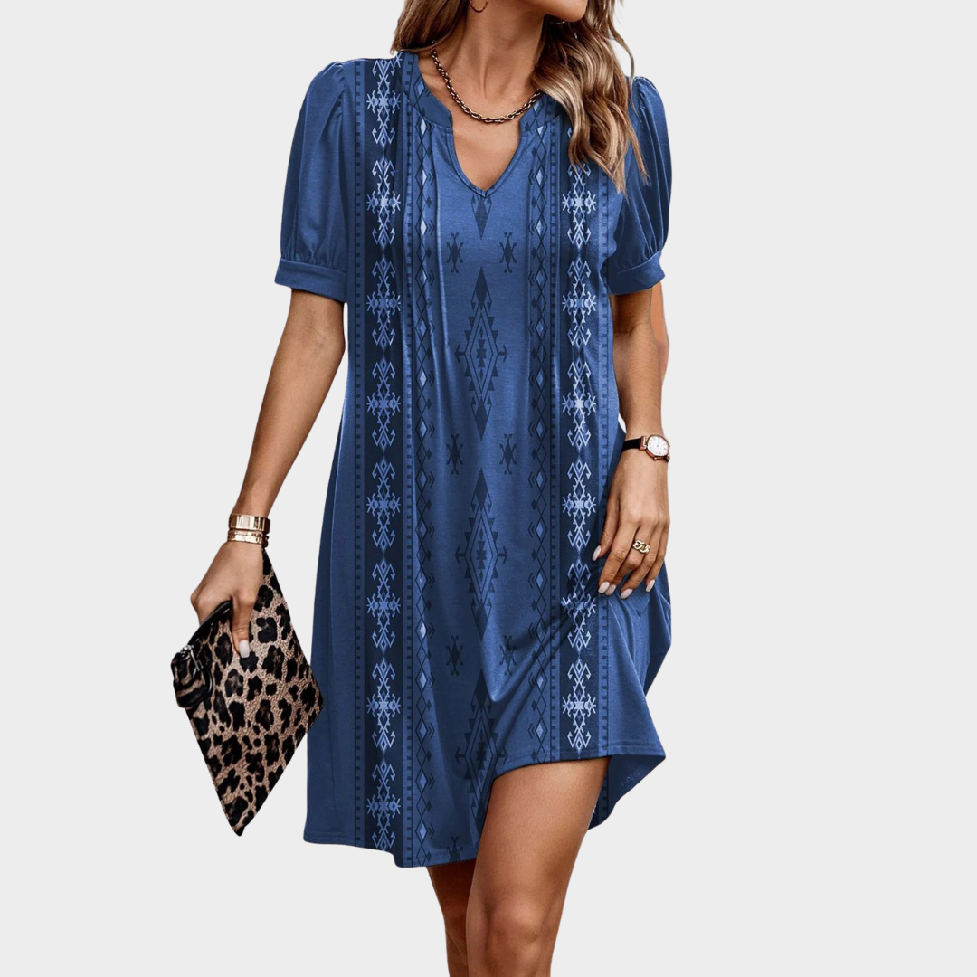 Women’s Casual Short Sleeve Dress – Relaxed Fit – Patchwork Collar Design – Lightweight Fabric – Blue