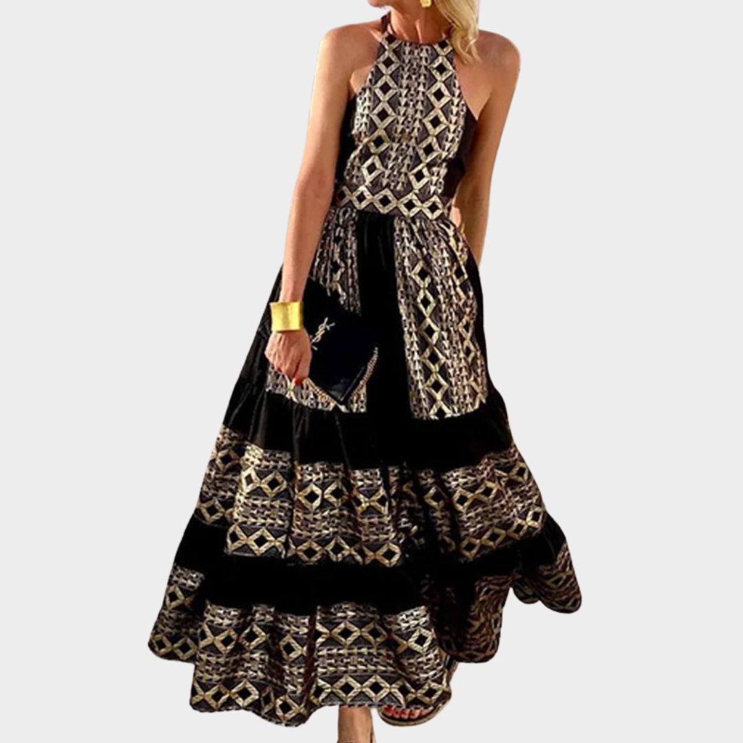 Women A-Line Sundress – Halter Straps with Backless Swing Fit and Printed Boho Style – Lightweight Soft Fabric – Black