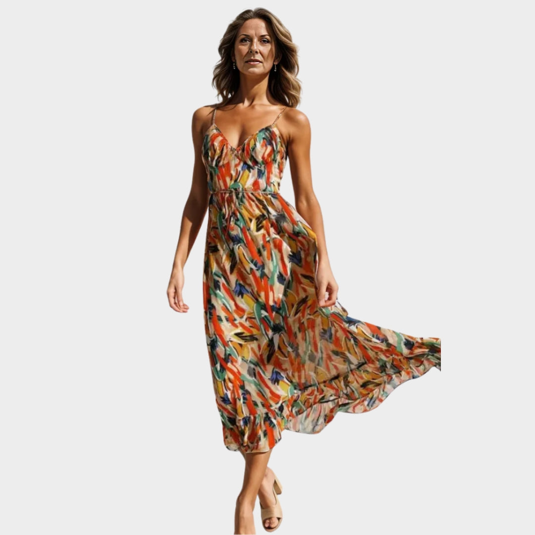 Women's Loose-Fit Slip Dress - V-Neck Spaghetti Straps - Colorful Print - Summer Dress - Green & Orange