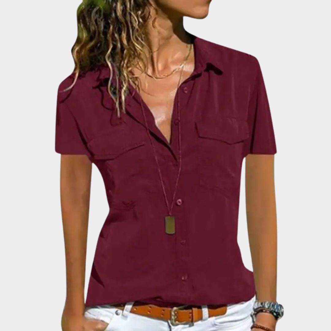Women's Shirt – Casual Blouse – Short Sleeve – Turn-down Collar – Button Front – Pocket Detail – Multiple Colours