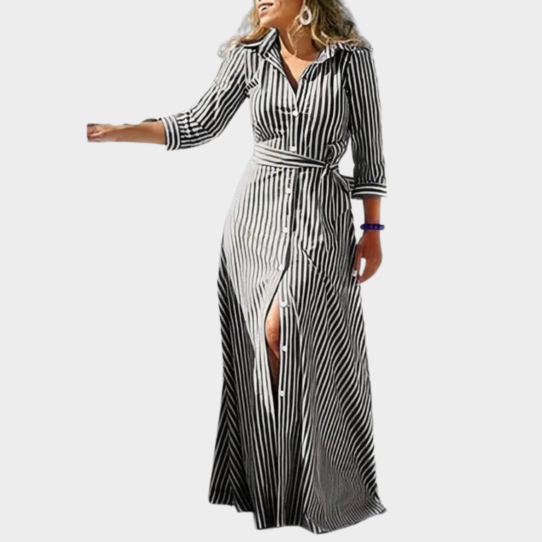 Women’s Printed Shirt Dress – Long Sleeve Maxi Dress with Lace-Up Waist – Turn-Down Collar Single Breasted Style – Multiple Colours