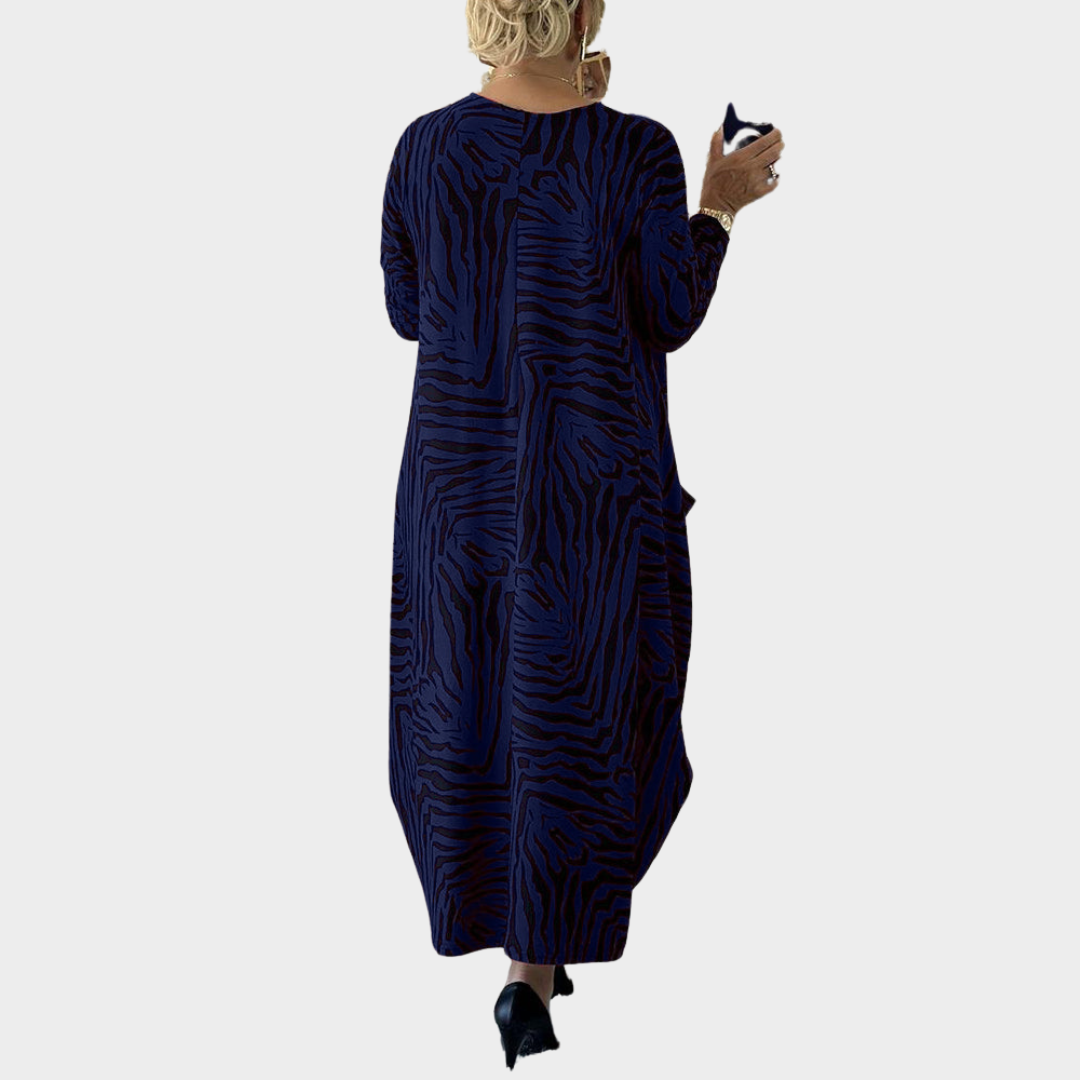 Women's Maxi Dress – Long Sleeve O Neck – Leopard Print – Ankle Length with Pockets – Multiple Colours