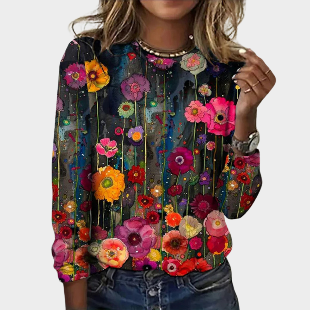 Women’s Floral Long Sleeve T-Shirt – Casual Round Neck Relaxed Fit – Cotton-Polyester Blend – Multicolour