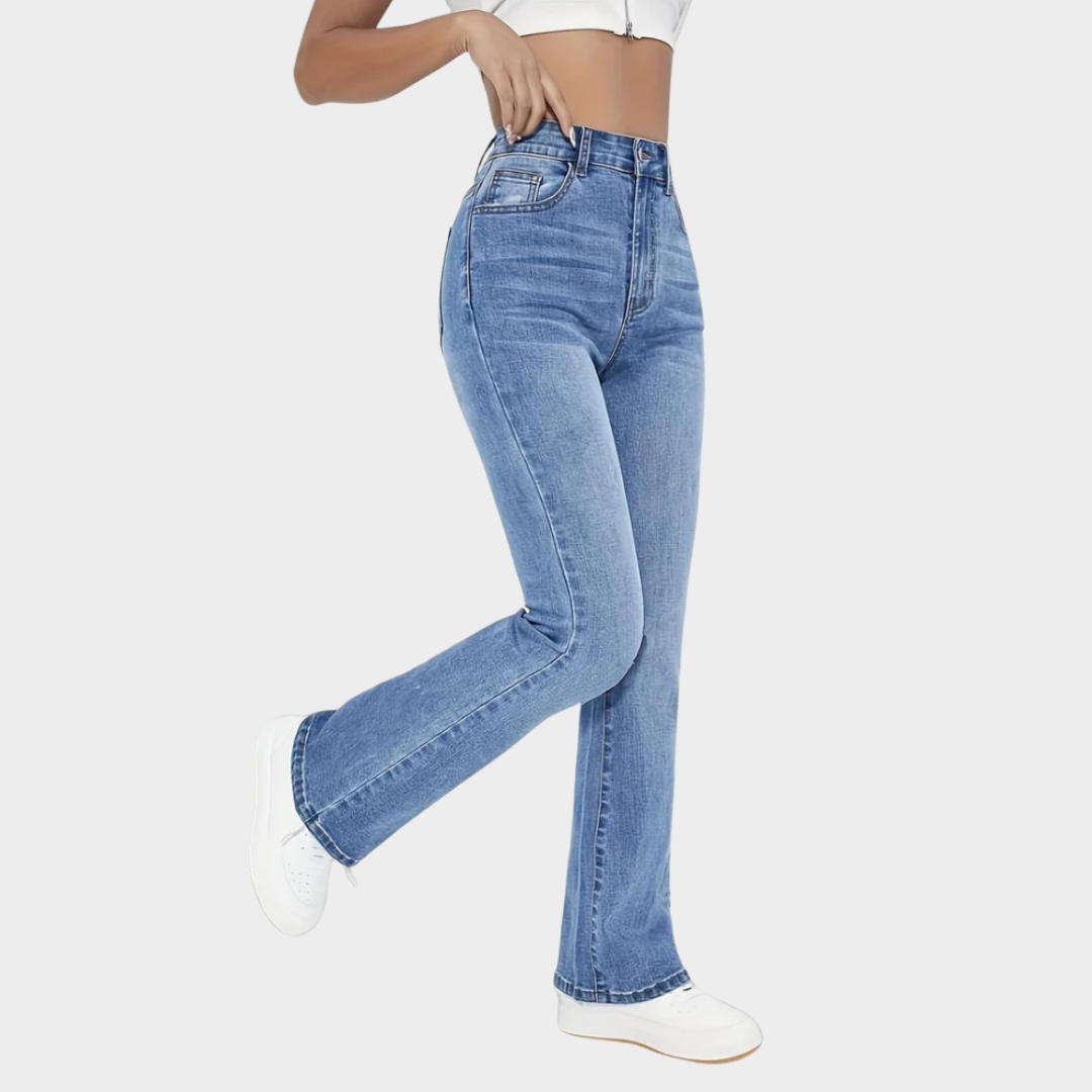 Women's High-Waist Denim Trousers – Slim Fit – Washed Jeans – Light Blue