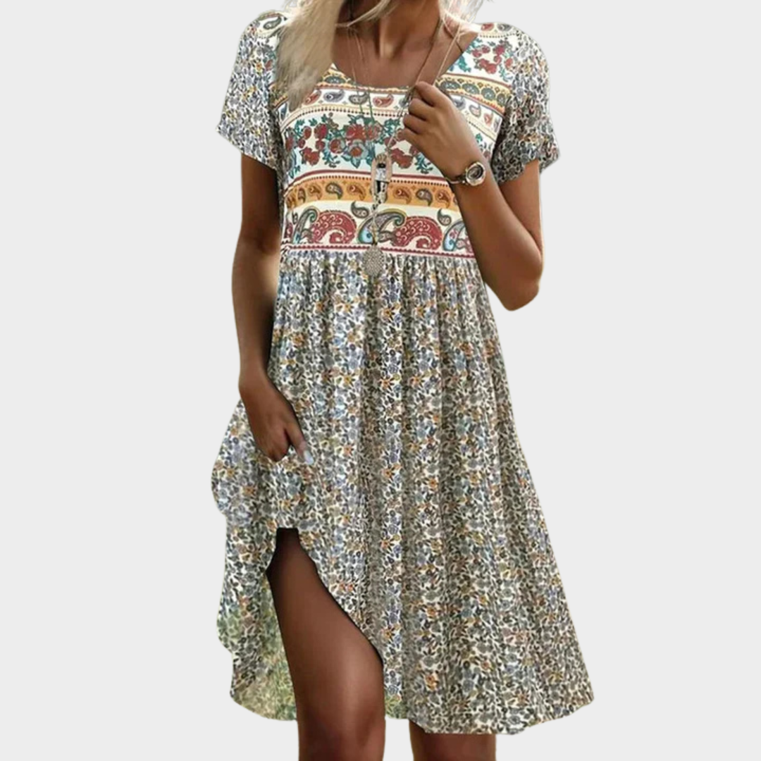 Women’s Ethnic Print Dress – Short Sleeve Round Neck Knee Length Casual Fit – Lightweight Soft Cotton-Polyester Blend – Multicolour