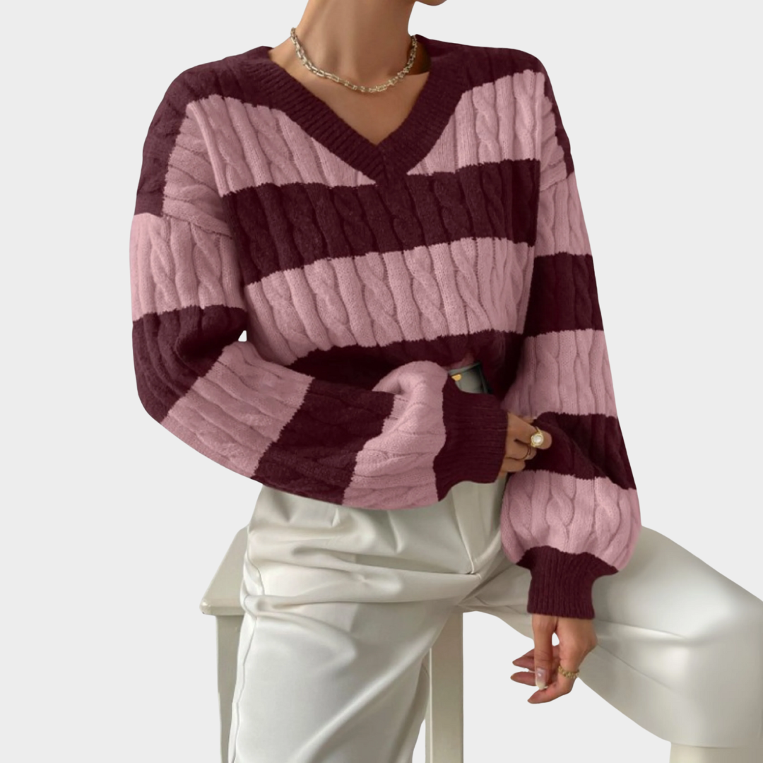 Women Striped Knitted Jumper – V Neck Long Sleeve Loose Fit Casual Pullover Sweater with Soft Stretch Fabric – Comfortable Everyday Style – Multiple Colours