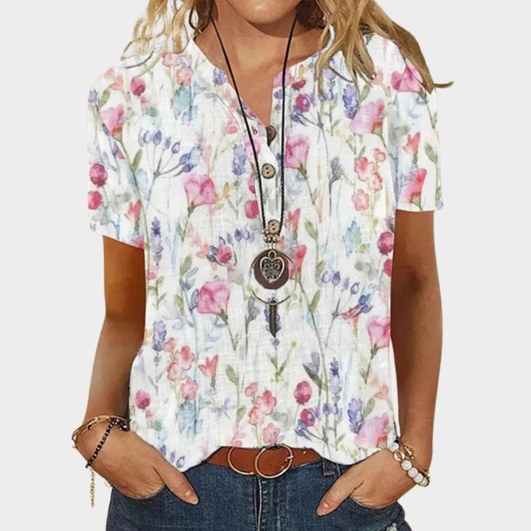 Women’s Floral Print Blouse – V-Neck Short Sleeve Top – Relaxed Casual Fit – Lightweight Cotton-Polyester Blend – Soft Breathable Fabric – Pink