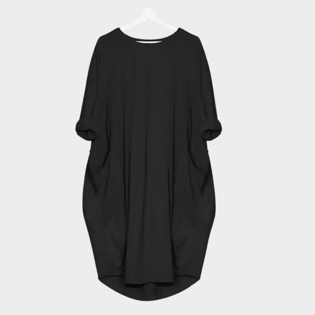 Women’s Loose Fit T-Shirt Dress – O-Neck Mid-Length with Side Pockets – Casual Solid Colour Cotton Blend – Multiple Colours