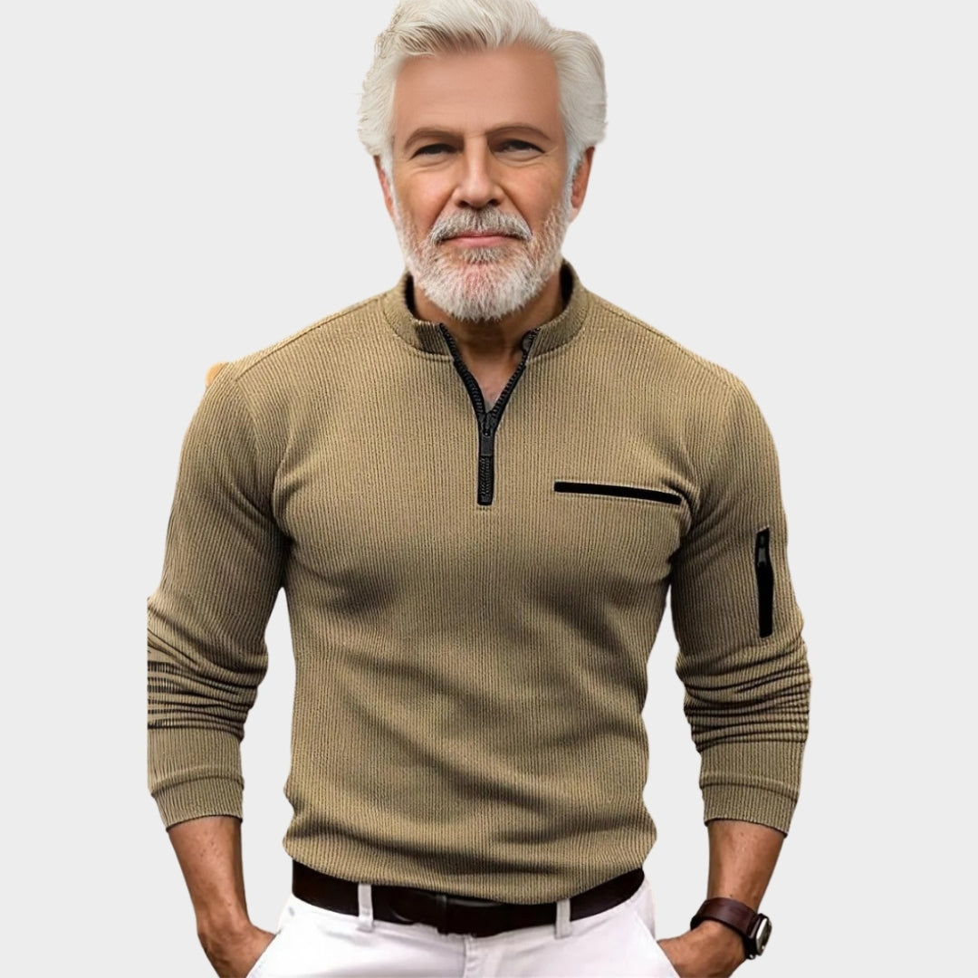 Men's Long Sleeve Polo Shirt - Striped Zipper Casual Sports Style, Khaki, Grey, Army Green, Dark Blue