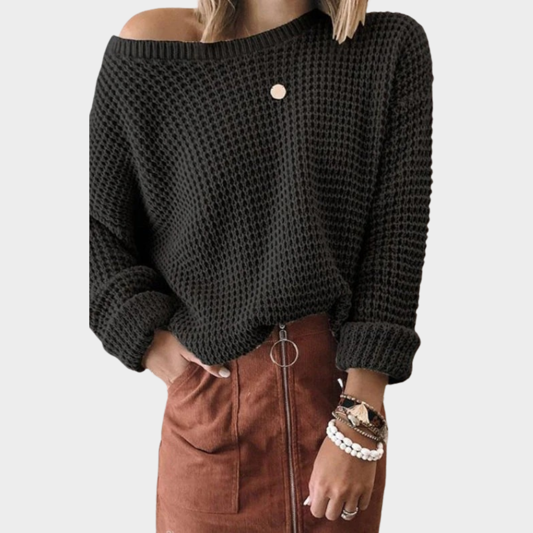 Women’s Knitted Sweater – Loose Fit Oblique Collar Waffle Wool Blend Pullover – Multiple Colours
