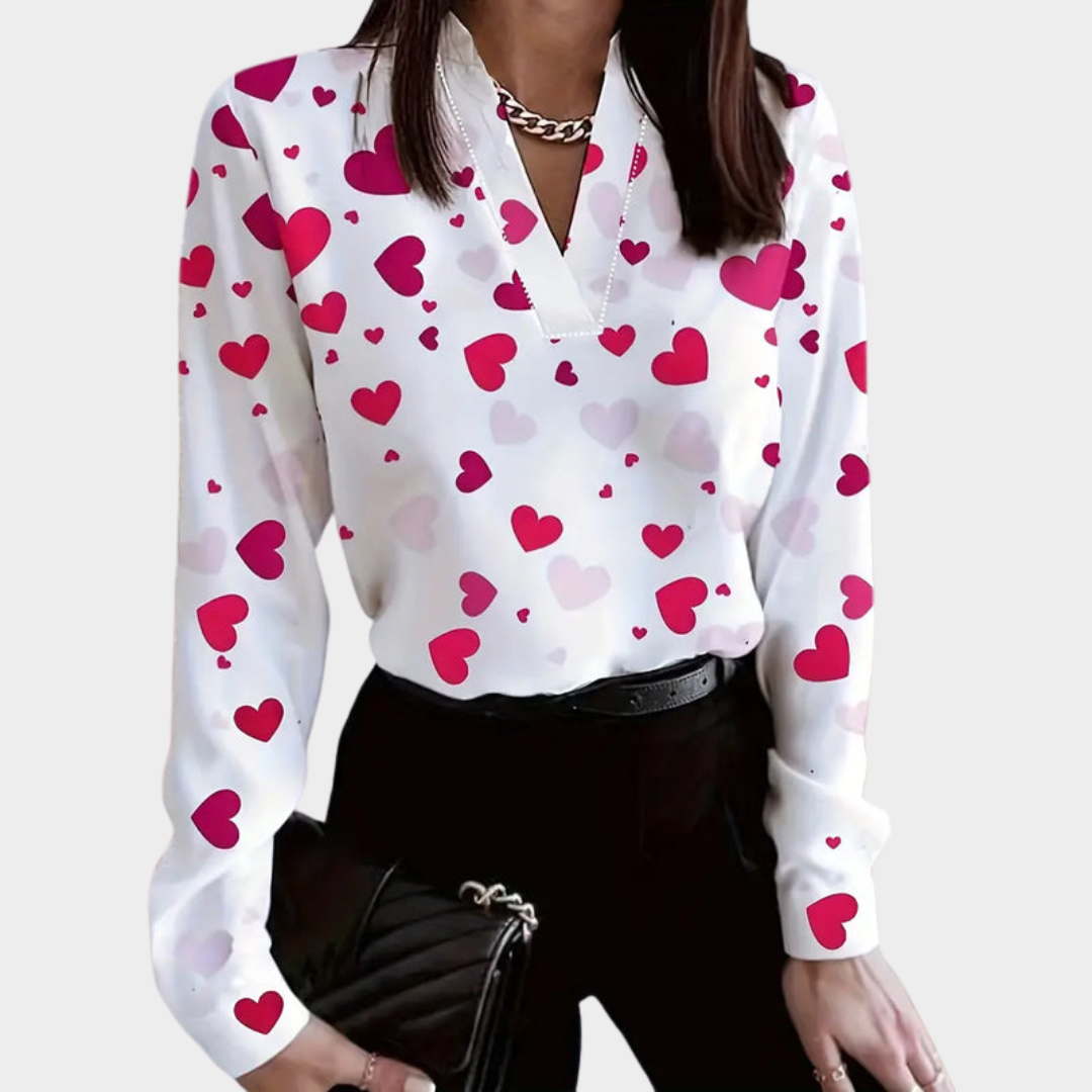 Women's V-Neck Long Sleeve Blouse – Elegant Heart Cutout Design – Soft Fabric – Multiple Colours
