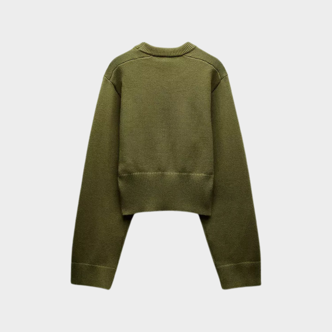 Women's Knitted Crop Sweater – Slim Fit – O-Neck – Long Sleeve – Green