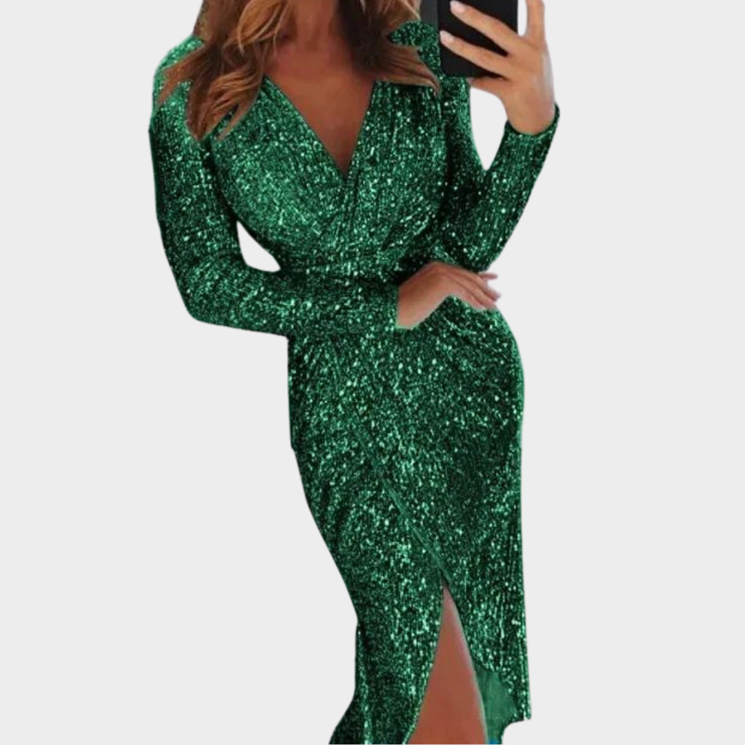 Women's Sequin Wrap Dress – Deep V-Neck – Long Sleeve – Bodycon Fit – Elegant Knee-Length Evening Wear – Multiple Colours