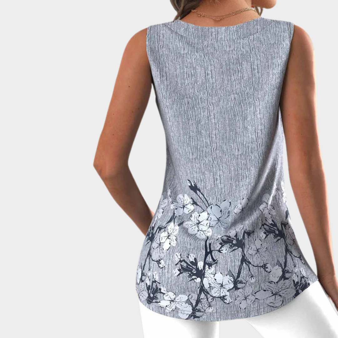Women’s Vintage Tank Top – Floral Print Sleeveless Square Neck Cotton-Polyester Blend Blouse – Lightweight Casual Fit – Grey