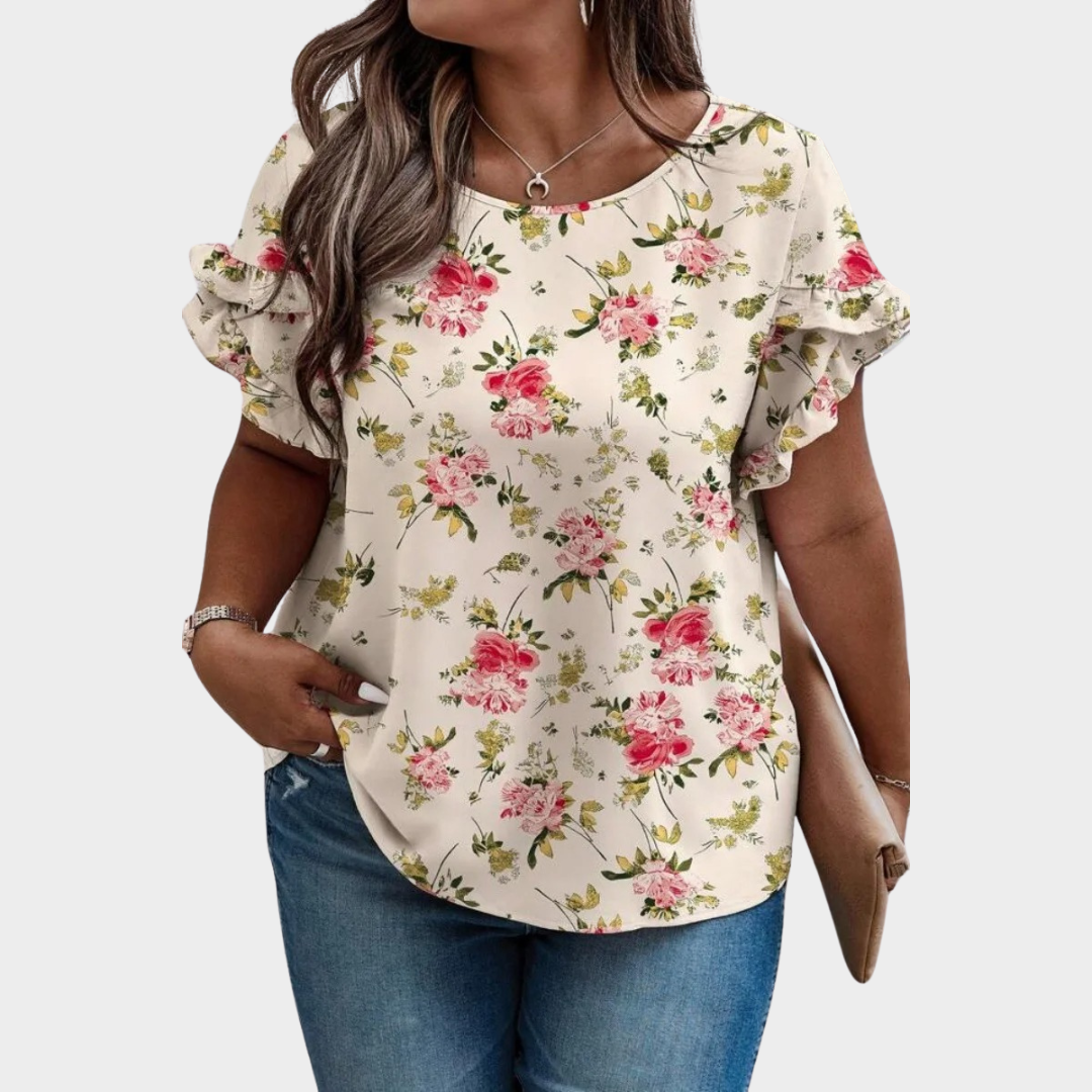 Women's Floral Ruffle Sleeve Blouse – Short Sleeve Round Neck – Elegant Relaxed Fit Cotton-Polyester Blend – Multiple Colours