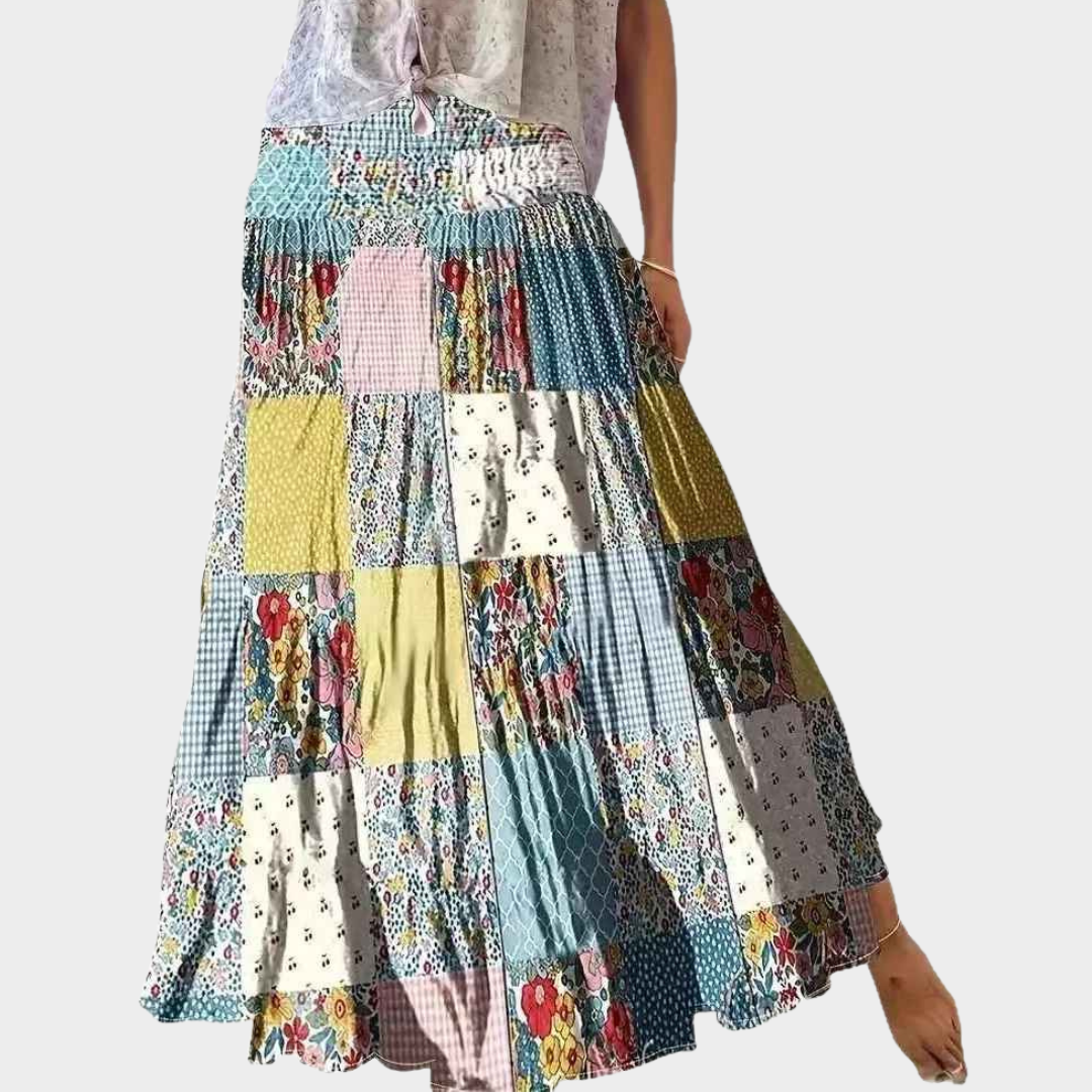 Women's Floral Long Skirt – High Waist Printed Splicing Style with Flowy Fit – Multicolour