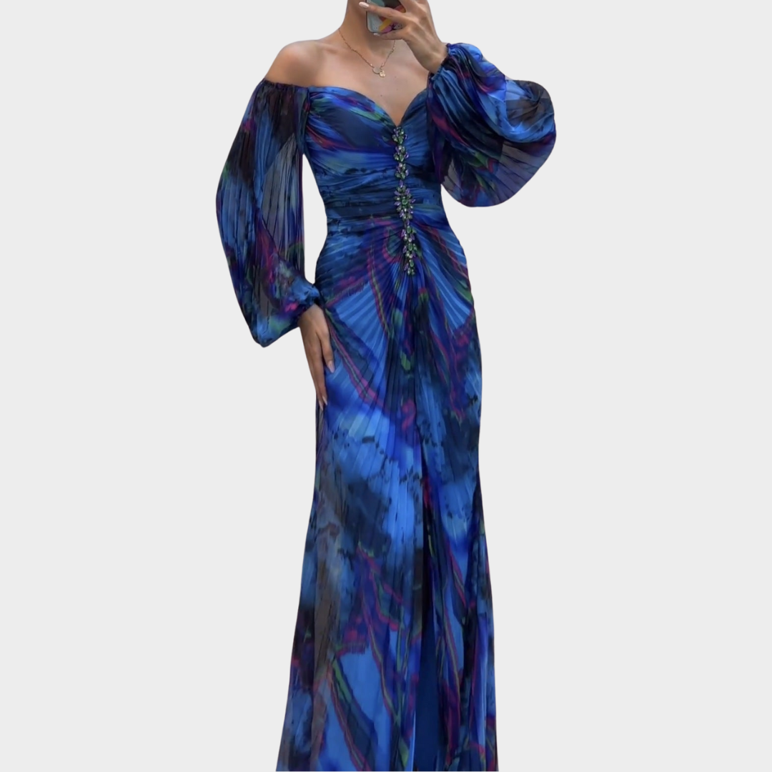 Women's Floor-Length Maxi Dress – V-Neck Long Sleeve Patchwork Print – Multiple Colours