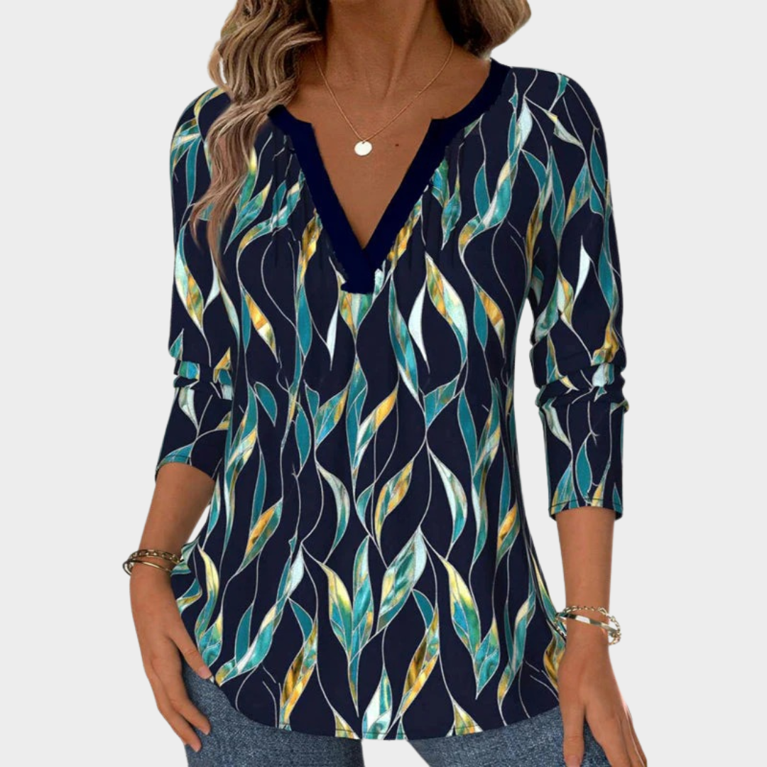 Women's Vintage Casual Printed Blouse – Long Sleeve V-Neck Cotton Polyester Shirt – Blue