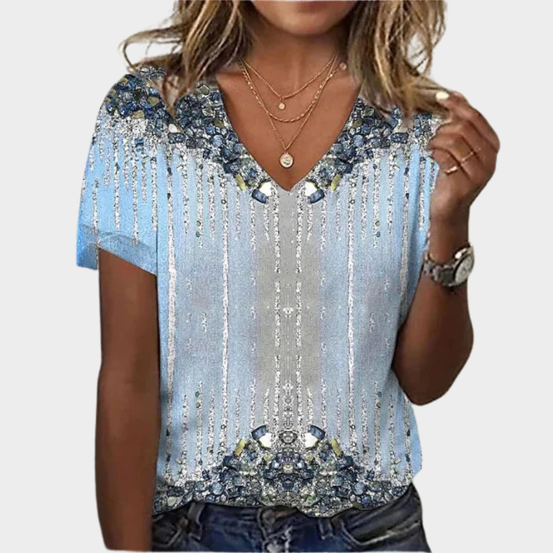 Women’s Gradient Print T-Shirt – Short Sleeve V-Neck Loose Fit Top – Lightweight Cotton-Polyester Blend – Blue