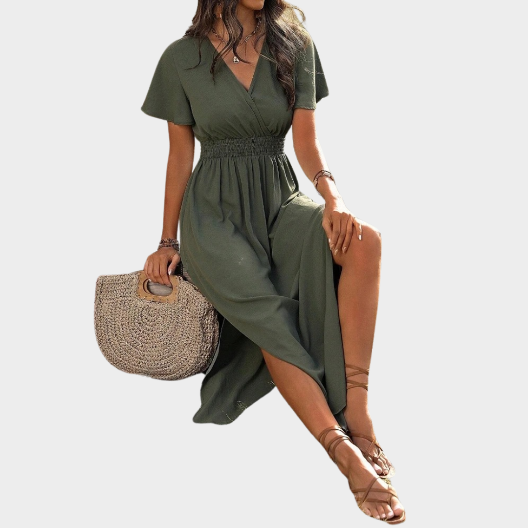 Women's A-Line Midi Dress – Short Sleeve V-Neck with Side Slit – Nipped Waist – Soft Lightweight Fabric – Multiple Colours