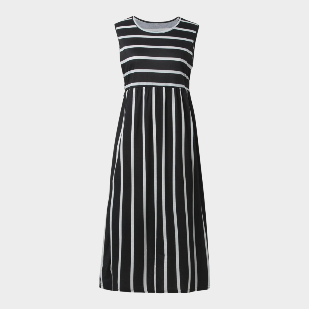 Women’s Sleeveless Long Dress – Striped Pattern – Round Neck – Relaxed Fit – Pocket Detail – Multiple Colours