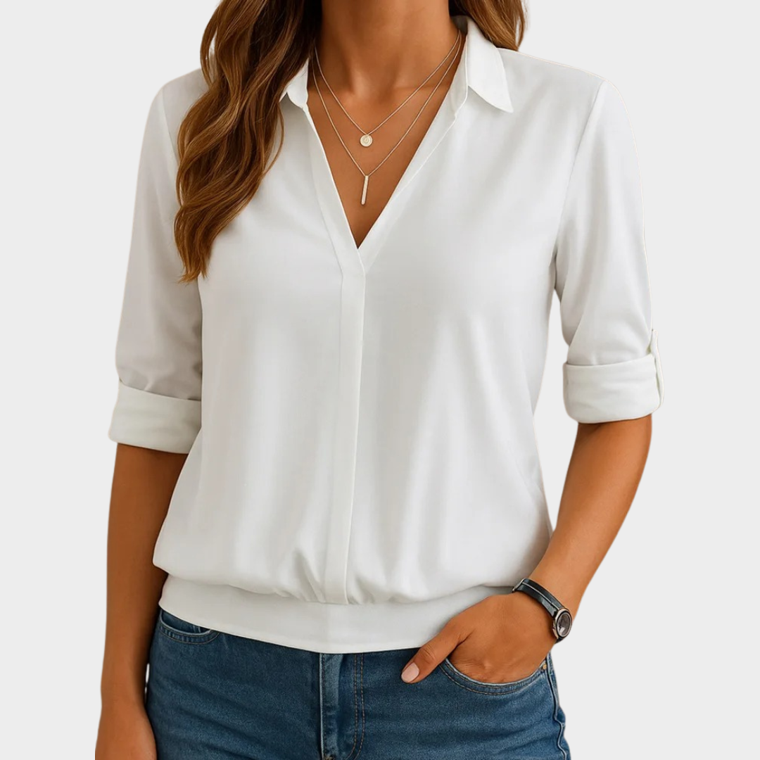 Women's Casual Solid Colour Blouse – Long Sleeve Cotton Polyester Turn-Down Collar Shirt – White