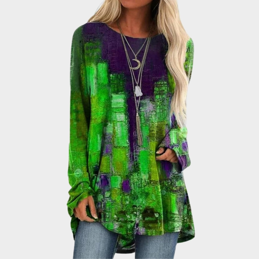 Winter Women’s Long Sleeve T-Shirt - Round Neck, Loose Fit, Printed Top (Green/Red, Brown/Blue, and More)