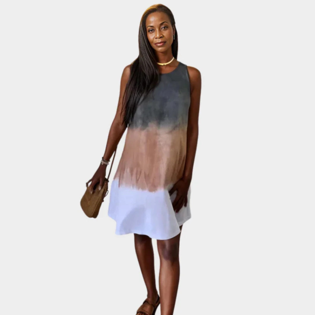 Women's Sleeveless Summer Dress – Tie-Dye Print, Round Neckline, Casual Look, Grey & Blue
