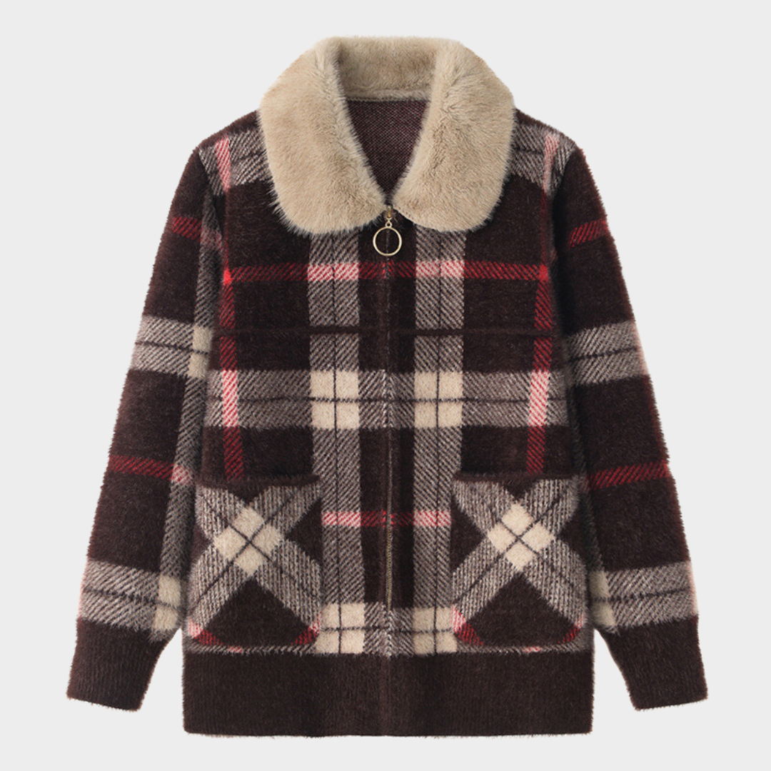 Women’s Woolen Jacket – Faux Mink Fur Collar - Zipper Cardigan - Brown / Red