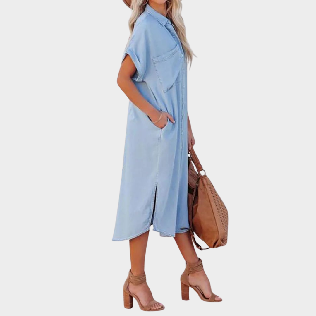 Women's Maxi Dress – Short Sleeve – Turn-Down Collar – Button Front – Elegant Party Style – Soft Fabric – Blue