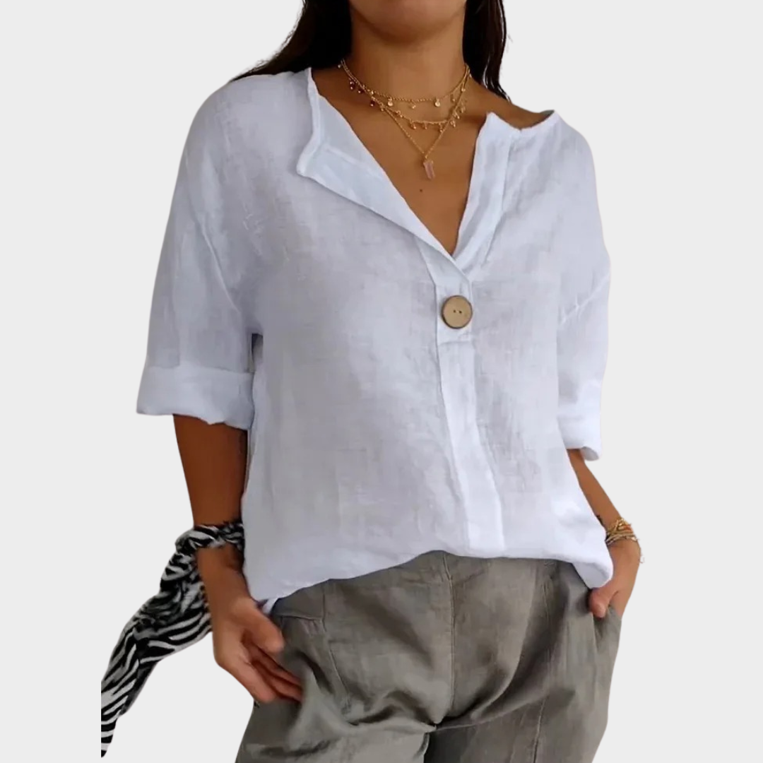 Women V-Neck T-Shirt – Loose Fit Cotton Linen Button Front Top – Multiple Colours