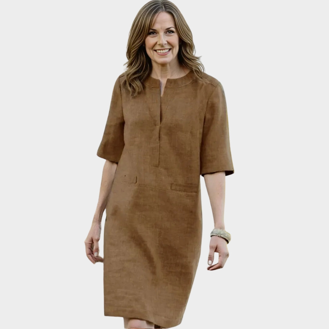 Women's Knee-Length Cotton Dress – Round Neck – Half Sleeve – Loose Fit – Multiple Colours